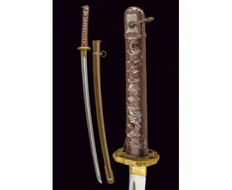 dating: second quarter of the 20th Century provenance: Japan, Single-edged blade with groove, brass habaki. White metal grip 