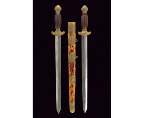 dating: early 20th Century provenance: China, Both swords with straight, double-edged blade, ribbed in the center. The mounts