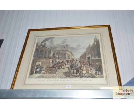 A framed and glazed coloured print depicting Truman Brewery 1842 
