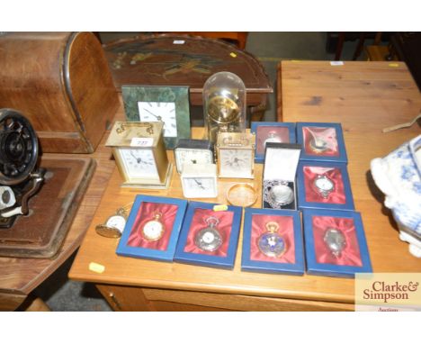 A quantity of modern pocket watches; anniversary clock; an Addison Ross London mantle clock etc