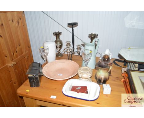 A quantity of sundry items to include brass vases; a candle stick; a west German jug etc 