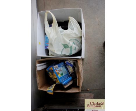 Two boxes containing a gutter guard; a camping light and various other items