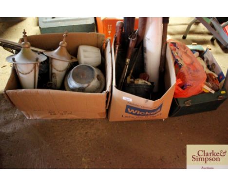 Three boxes containing various tools; light fittings; sundry glass and china etc