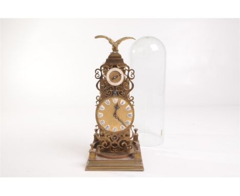 A brass mantle clock under a glazed dome
20th Century with an 18cm brass dial, Arabic numerals within cartouches with a slow 