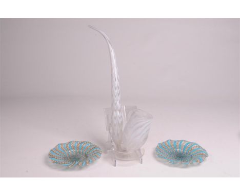 A 19th Century Nailsea style slender bubble pipe
With a combed white and light blue ground over clear glass 46cms and a pair 