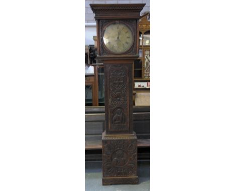 An carved oak longcase clock, 19th Century
With a 33cm diameter dial signed Winstanley Wirksworth with subsidiary calendar, R