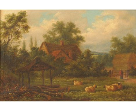 H Baldwin British late 19th early 20th Century school sheep resting with a figure standing beside a gate near a cottage oil o