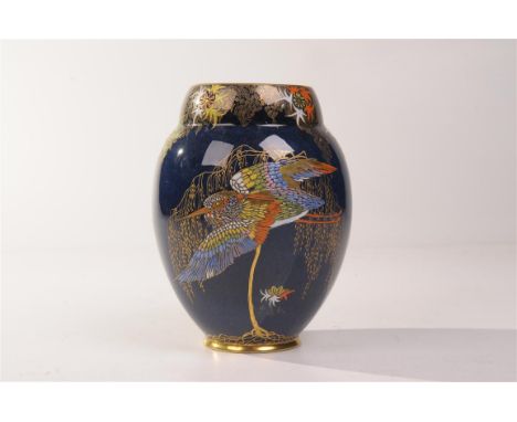 A Carlton ware Lapis blue and enamel kingfisher vase
The shoulders tapering to the base decorated in enamel colours with a br