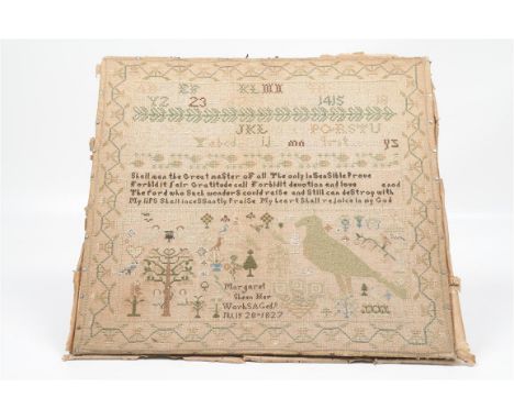 An early 19th Century needlework sampler
The work of Margaret Sheen, July 28th 1827 with number and alphabet trails above a f