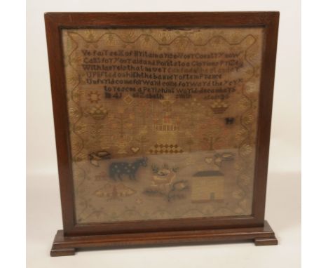 An early 19th Century needlework sampler
The work of Elizabeth Smith 1841 with a six line verse above acow with birds in flig
