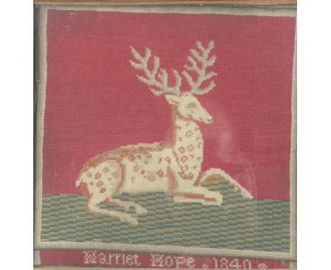A needlework sampler, the work of Harriet Hope, 1840
Recumbent deer in a rosewood frame 52x52 overall CONDITION REPORT: No si