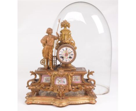 A French gilt spelter and porcelain figural mantle clock
Late 19th Century, with an 8.5 convex porcelain dial with Roman nume