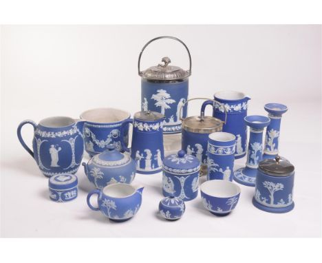 A collection of Wedgwood blue and white Jasper dip ware
A Wedgwood blue and Jasper dip plate mounted swing handled biscuit ba