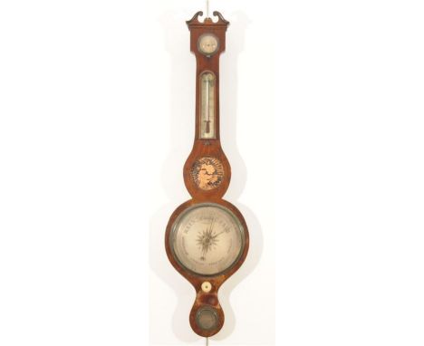 An early Victorian mahogany and inlaid wheel barometer
With a 25cm silvered register with a hygrometer, thermometer, mirror a