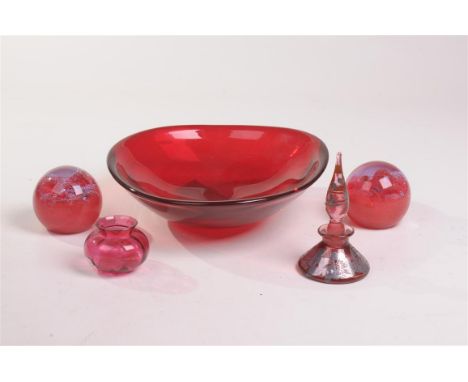 A Caithness Inferno glass paperweight, a similar weight, a Laugharne ruby tinted and white metal overlaid scent bottle and st