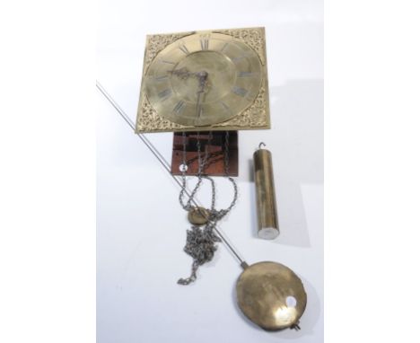 An 18th Century brass 30 hour long case clock dial
Later wall mounting bracket, the 28.5cm brass dial signed Geo Whitaker Baw