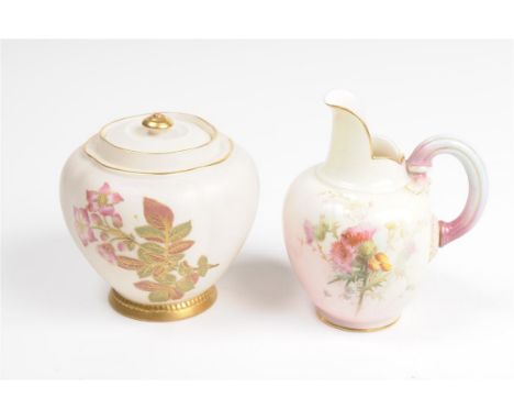 A Royal Worcester spouted jug
Cypher for 1895 painted with thistles, blooms and leaves, red printed marks number 1094 RD numb