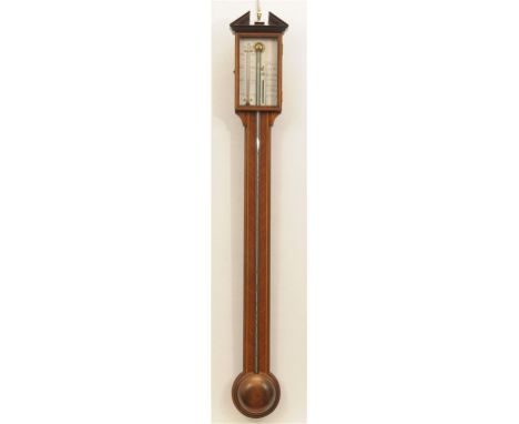 A George III style inlaid mahogany stick barometer 20th Century
With a silvered register with thermometer and vernier exposed