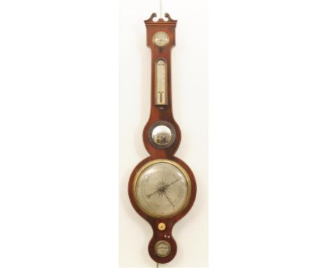 An early Victorian inlaid mahogany wheel barometer with a 20cm silvered register above a hygrometer, thermometer, mirror and 