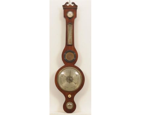 A Victorian mahogany cased wheel barometer
With a 20cm silvered register above hygrometer, thermometer, lacking mirror above 
