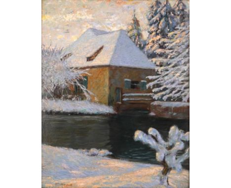 Nagel, Wilhelm1866 Mannheim - 1945 Baden-Baden. Mischtechnik auf Karton. Stellfalle vor Schwarzwaldhaus im Winter. Signatur u