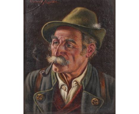 Schmitt, Oskar1882 - 1943. Portrait eines Jägers. Öl auf Platte. Oben links signiert. Größe ca. 12,5 x 10 cm. Hinter Glas ger