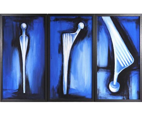 G. SchmidtDeutsch 20. Jh. Drei Gemälde mit künstlichen Hüftgelenken in Blau. Öl auf Leinwand. Zweimal verso signiert G. Schmi
