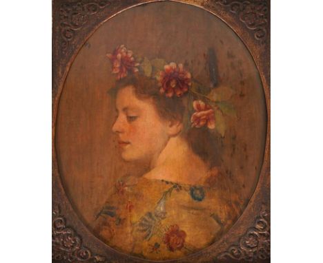 Hilz, Sepp1906 Bad Aibling - 1967 Willing. Portrait einer jungen Frau mit Blumenkranz im Haar. Öl auf Holz. Signatur und Datu