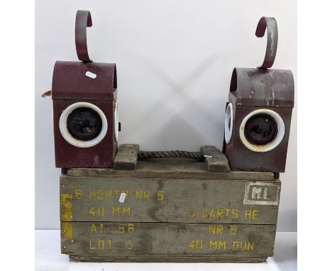 A pair of red painted railway lanterns, together with a military ammunition box Location:If there is no condition report show