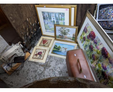 A mixed lot of pictures, Singer sewing machine model 239M A cased, and a metal garden border feature, to include two oil on b