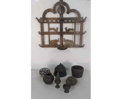 A mixed lot to include an Indian iron hand crafted wall hanging oil lamp decorated with elephants and birds together with an 