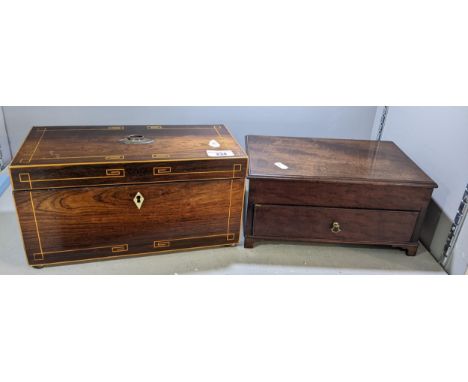 A Regency rosewood tea caddy having boxwood inlaid and fitted interior 16cm h x 30.5cm w, together with a jewellery boxLocati
