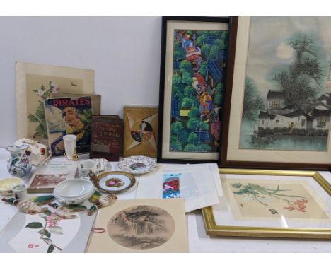 A mixed lot to include a Chinese folk art painting, a silk painting, Festival of Britain book, Beswick style ducks and other 