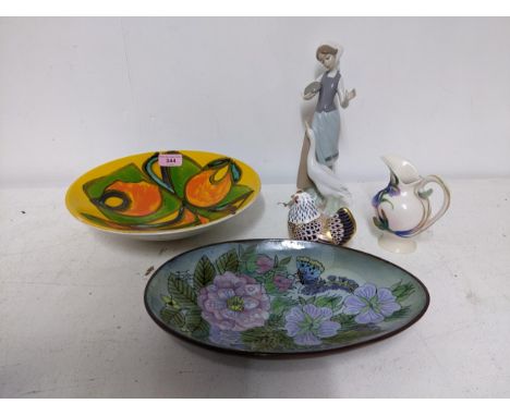 Ceramics to include a Poole pottery Aegean dish, Lladro figurine of a girl feeding a goose, Royal Crown Derby hen paperweight
