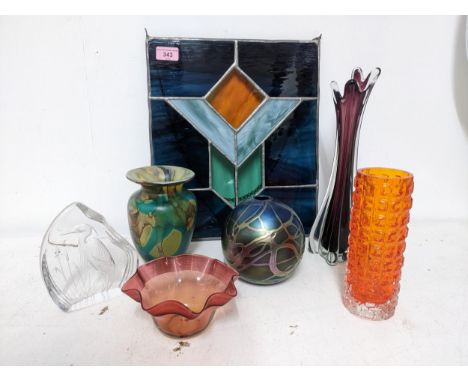 A selection of art glass to include a Whitefriars Astec tangerine texture vase (two small slice chips to top rim), Mdina vase