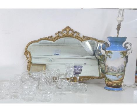 A mixed lot to include an ornate square wall mirror, a twin handled vase converted to a lamp along with mixed glasswareLocati
