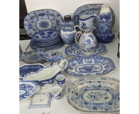 Mainly 19th century blue and white ceramics to include a gravy boat, platters, masonic candlestick holder and other itemsLoca
