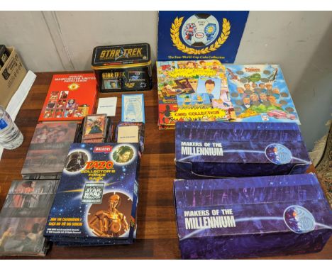 A mixed lot of collectable items to include a tin of Star Trek first edition metal collectors cards, three 'The Star Wars Tri