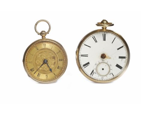 TWO EIGHTEEN CARAT GOLD OPEN FACE KEY WIND POCKET WATCHEScomprising a lady's fob watch with gold coloured dial, Roman numeral