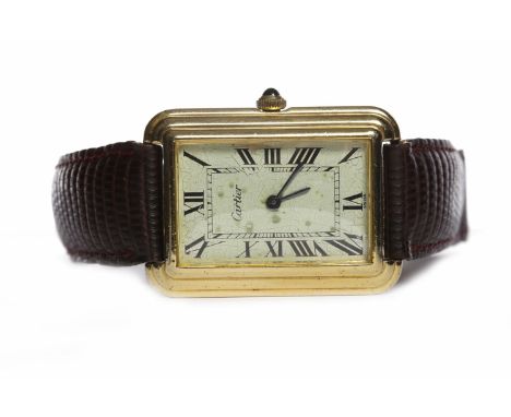 GENTLEMAN'S CARTIER GOLD PLATED MANUAL WIND WRIST WATCHthe rectangular dial with Roman numerals in black, inner seconds track