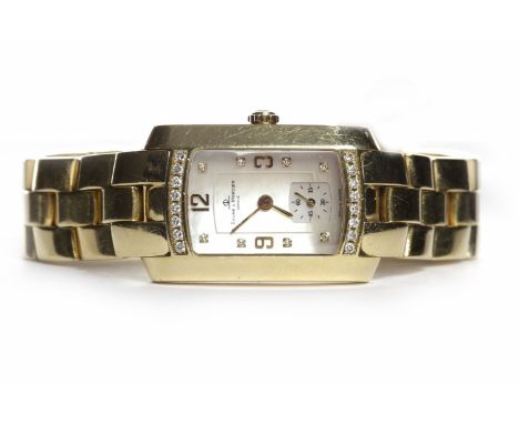 LADY'S BAUME AND MERCIER EIGHTEEN CARAT GOLD DIAMOND SET QUARTZ WRIST WATCHthe rectangular mother of pearl dial with applied 