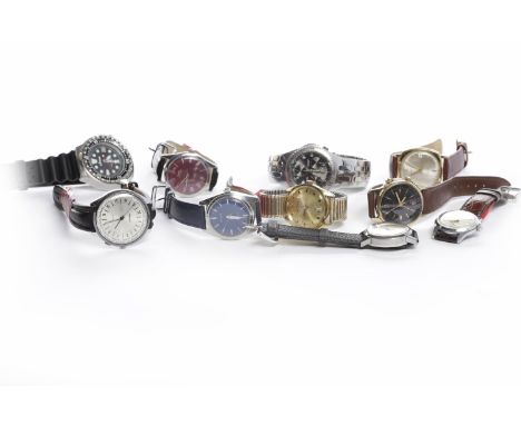 TEN VARIOUS GENTLEMAN'S WRIST WATCHESincluding a gold plated Timex example with applied gold coloured Arabic numerals and bat