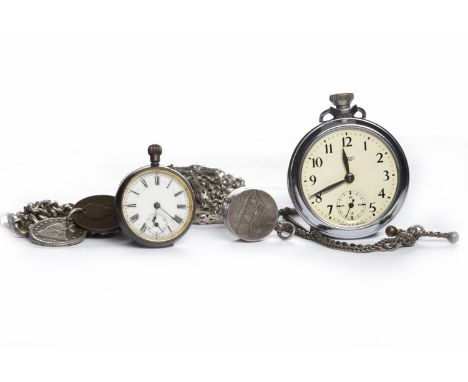 SILVER CURB LINK WATCH CHAINwith four various coin appendages; along with a Smiths metal pocket watch; a Victorian ornate wat