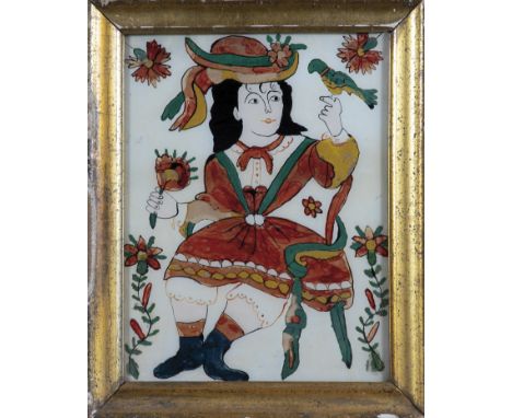 Sitzende Spanierin mit Blume und Papagei Spanien, M. 19. Jh. Bemalung in bunten Farben. Min. Altersspuren. 42,5 x 34,5 cm (mi
