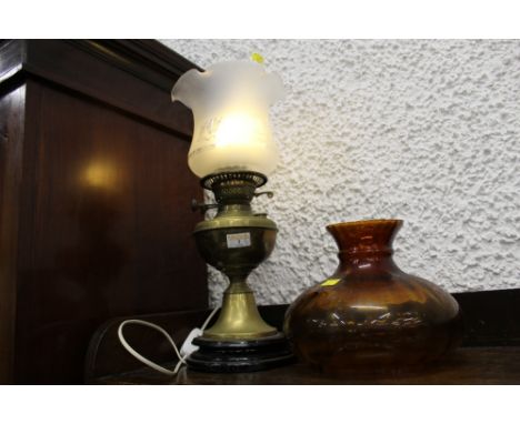 Vintage oil lamp with shade and chimney, converted to electricity, spare shade  