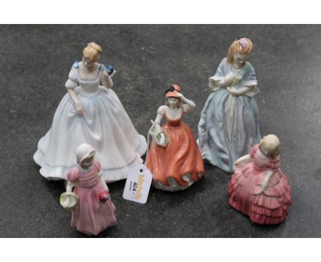 Royal Doulton figurine Paula, Worcester figurine Sweet Ann, Doulton figurines Tinkerbell and Rose and Coalport figurine Andre