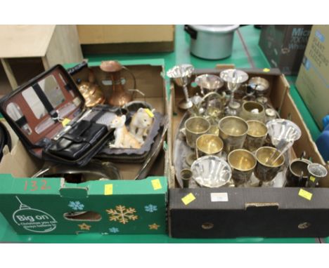 Two boxes of plated ware, tray, clock case, pocket watch, ornaments etc 