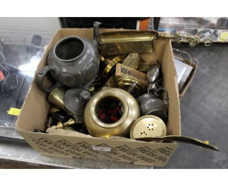 A box of brass and copper ware, pocket balance, spring balance, spirit levels, folding pen knife with spoon and fork attachme