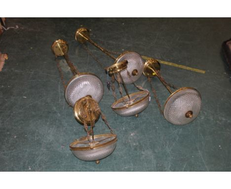 3 brass ceiling light fittings and 2 shorter light fittings