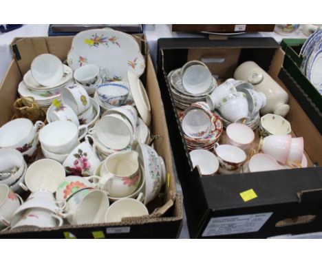 Two boxes of teacups, saucers, Royal Worcester ramekins, oriental tea bowl etc